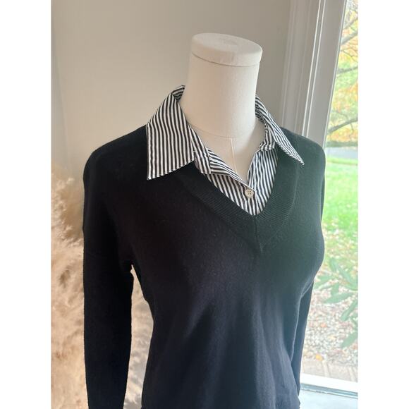 J. Society Womens XS Black V-Neck Cotton Sweater Stripe Collar Fray Hem Layered - Picture 2 of 9